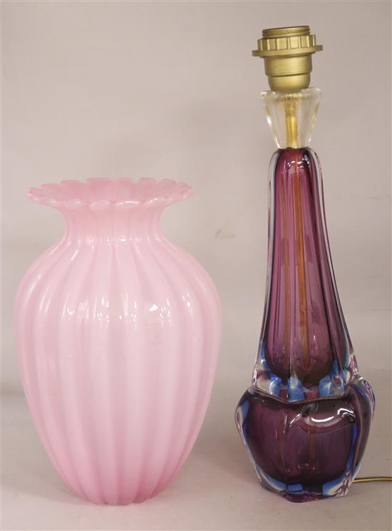 A Murano cased glass lamp base and a Seguso alabaster glass vase